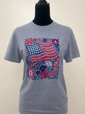 Bella Canvas Gray Tee with Red & Blue Floral Flag Graphic